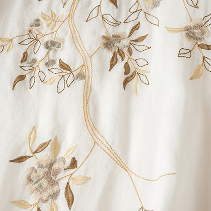 Buddha Stones Embroidered Leaf Crew Neck Half Sleeve Cotton Fiber Midi Dress - image 11