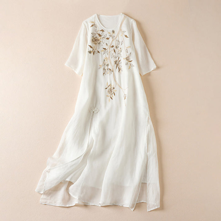 Buddha Stones Embroidered Leaf Crew Neck Half Sleeve Cotton Fiber Midi Dress - Snow - US8-10，UK/AU12-14，EU40-42 (2XL) - image 7