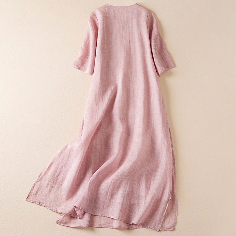 Buddha Stones Embroidered Leaf Crew Neck Half Sleeve Cotton Fiber Midi Dress - image 15