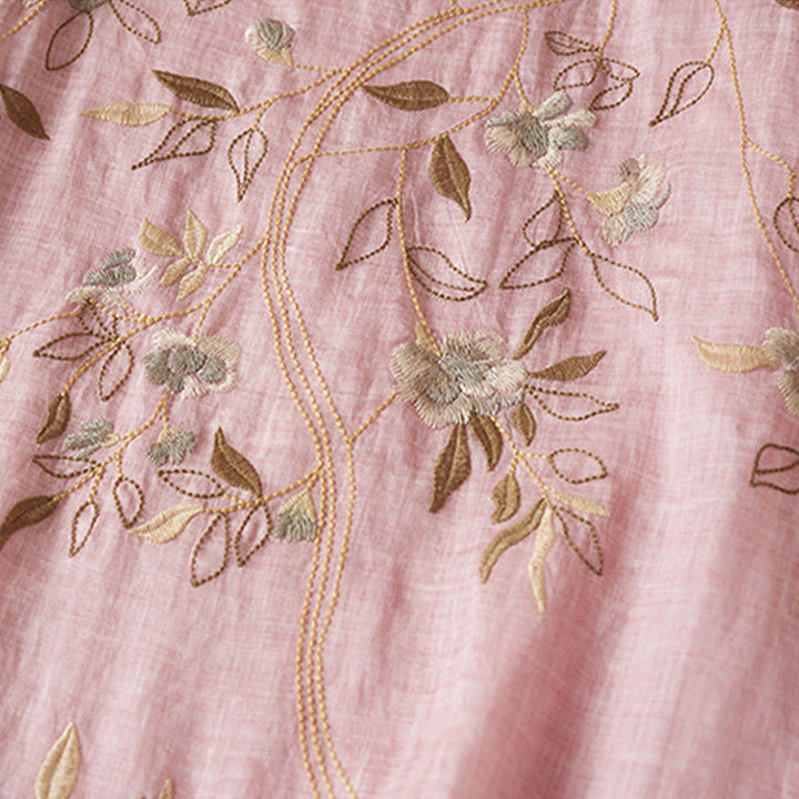 Buddha Stones Embroidered Leaf Crew Neck Half Sleeve Cotton Fiber Midi Dress - image 20