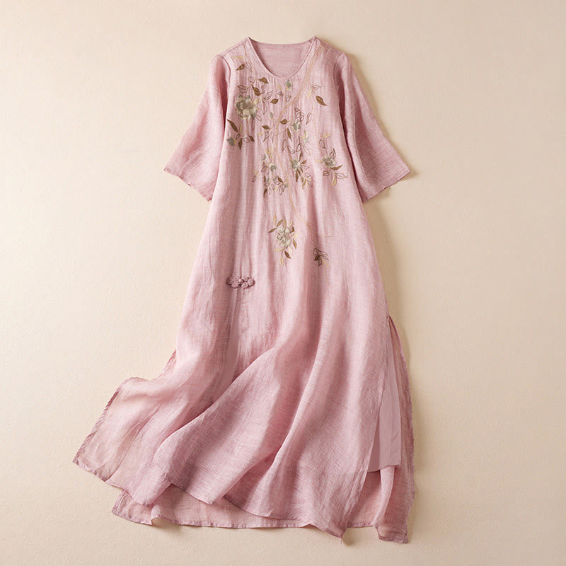 Buddha Stones Embroidered Leaf Crew Neck Half Sleeve Cotton Fiber Midi Dress - Pink - US8-10，UK/AU12-14，EU40-42 (2XL) - image 14