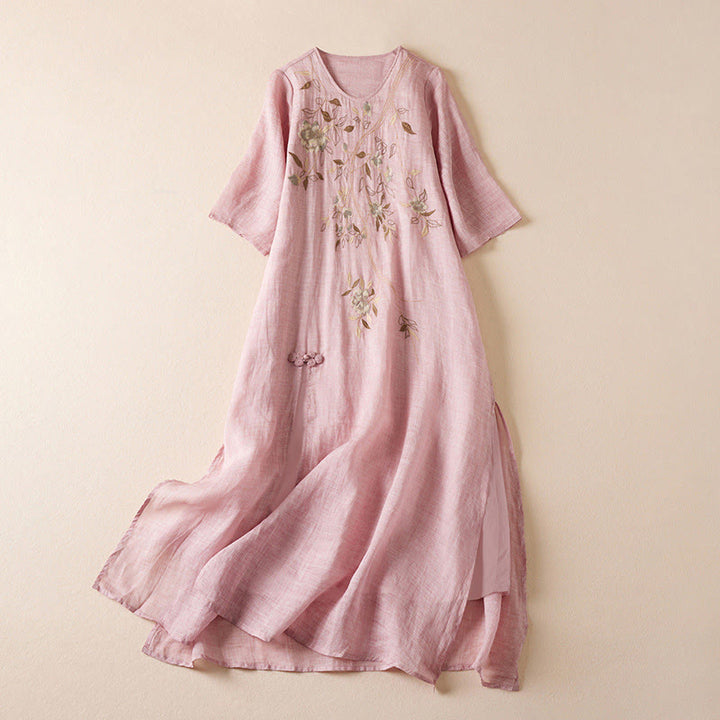 Buddha Stones Embroidered Leaf Crew Neck Half Sleeve Cotton Fiber Midi Dress - Pink - US8-10，UK/AU12-14，EU40-42 (2XL) - image 14