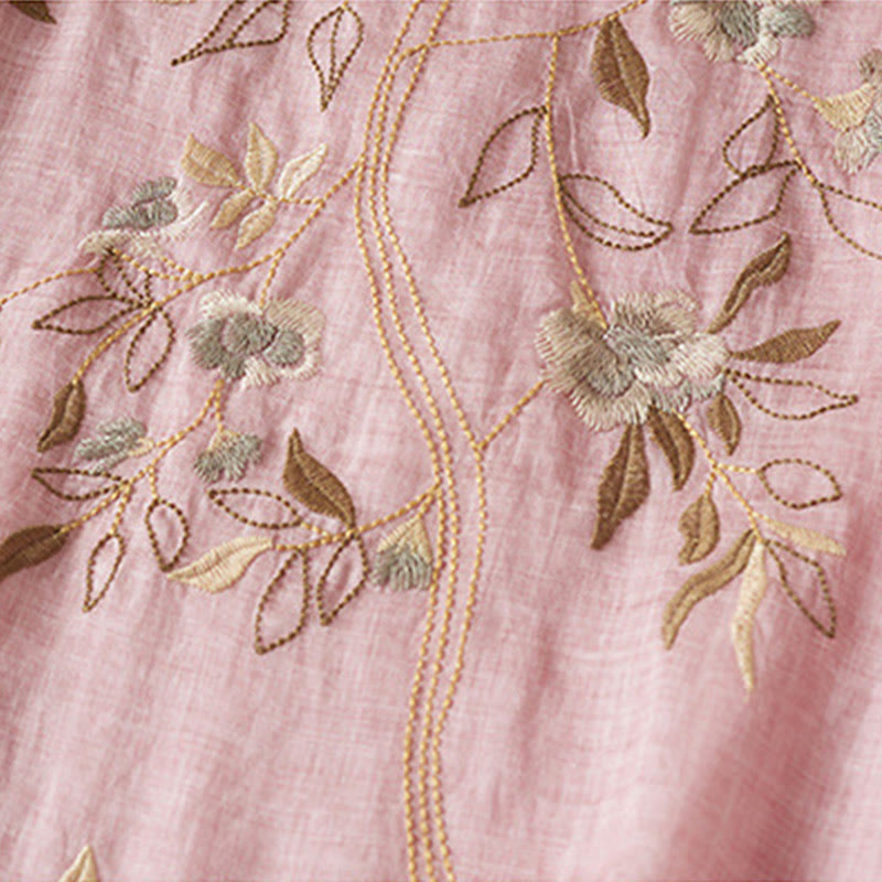 Buddha Stones Embroidered Leaf Crew Neck Half Sleeve Cotton Fiber Midi Dress - image 18