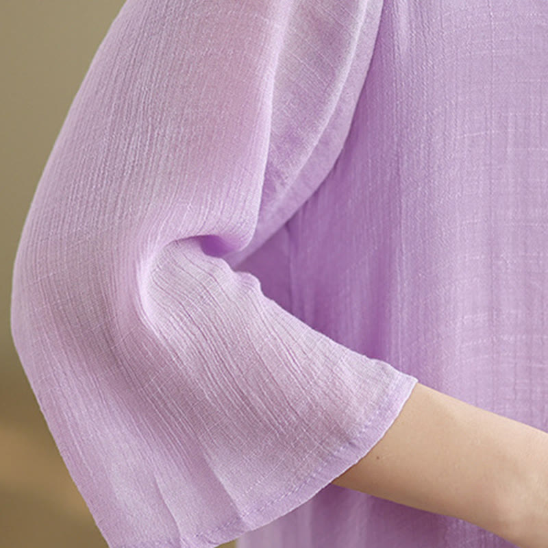 Buddha Stones Casual Plain Frog-Button Crew Neck Three Quarter Sleeve Cotton Midi Dress - image 11