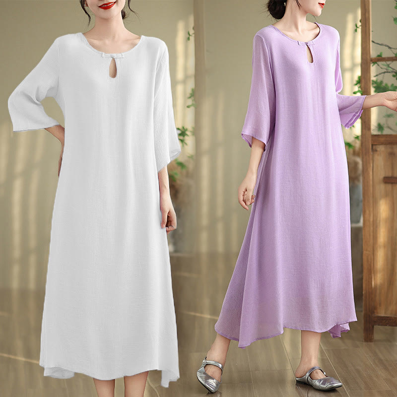 Buddha Stones Casual Plain Frog-Button Crew Neck Three Quarter Sleeve Cotton Midi Dress - image 17