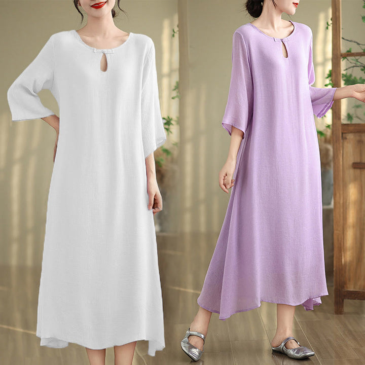 Buddha Stones Casual Plain Frog-Button Crew Neck Three Quarter Sleeve Cotton Midi Dress - image 17