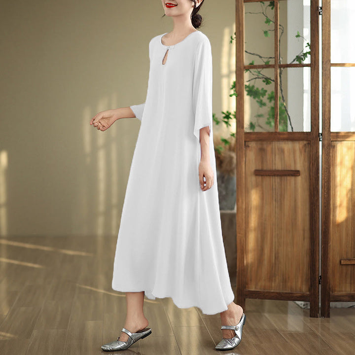 Buddha Stones Casual Plain Frog-Button Crew Neck Three Quarter Sleeve Cotton Midi Dress - image 16