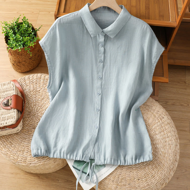 Buddha Stones Summer Plain Color Button Short Sleeve Women's Cotton Shirt - LightBlue - US14，UK/AU18，EU46 (2XL) - image 0