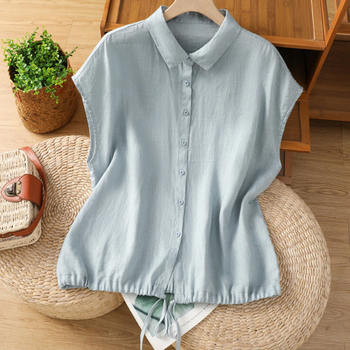 Buddha Stones Summer Plain Color Button Short Sleeve Women's Cotton Shirt - LightBlue - US14，UK/AU18，EU46 (2XL) - image 0