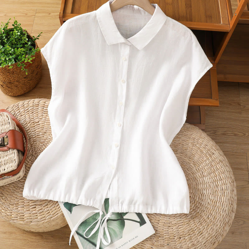 Buddha Stones Summer Plain Color Button Short Sleeve Women's Cotton Shirt - White - US14，UK/AU18，EU46 (2XL) - image 8