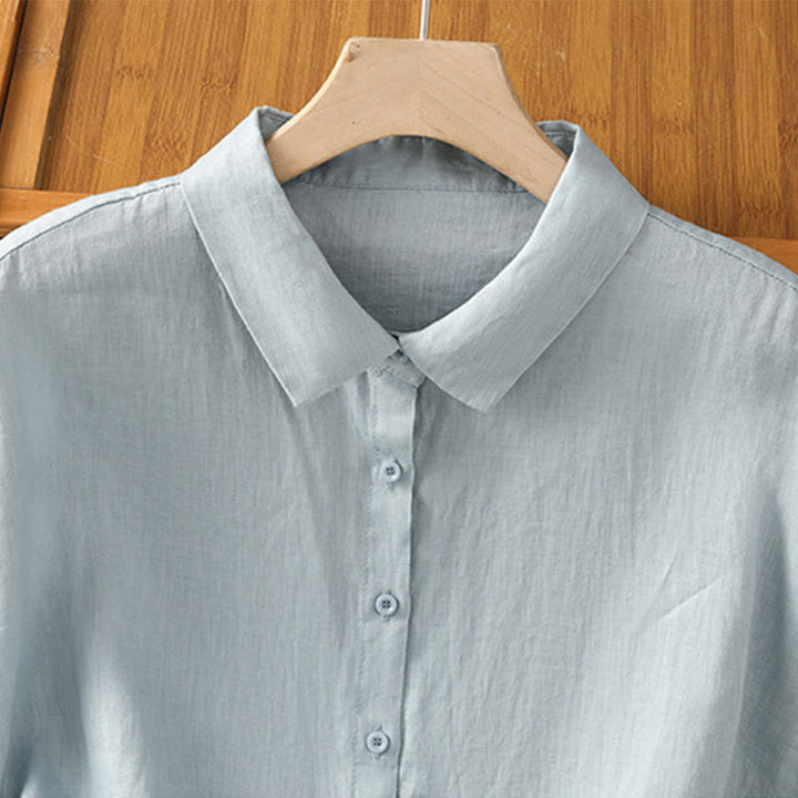 Buddha Stones Summer Plain Color Button Short Sleeve Women's Cotton Shirt - image 4