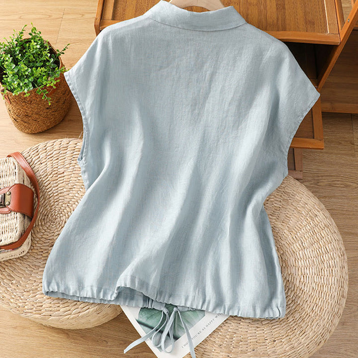 Buddha Stones Summer Plain Color Button Short Sleeve Women's Cotton Shirt - image 3