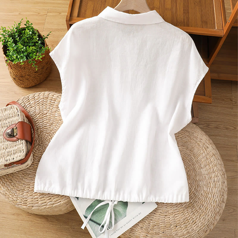 Buddha Stones Summer Plain Color Button Short Sleeve Women's Cotton Shirt - image 9