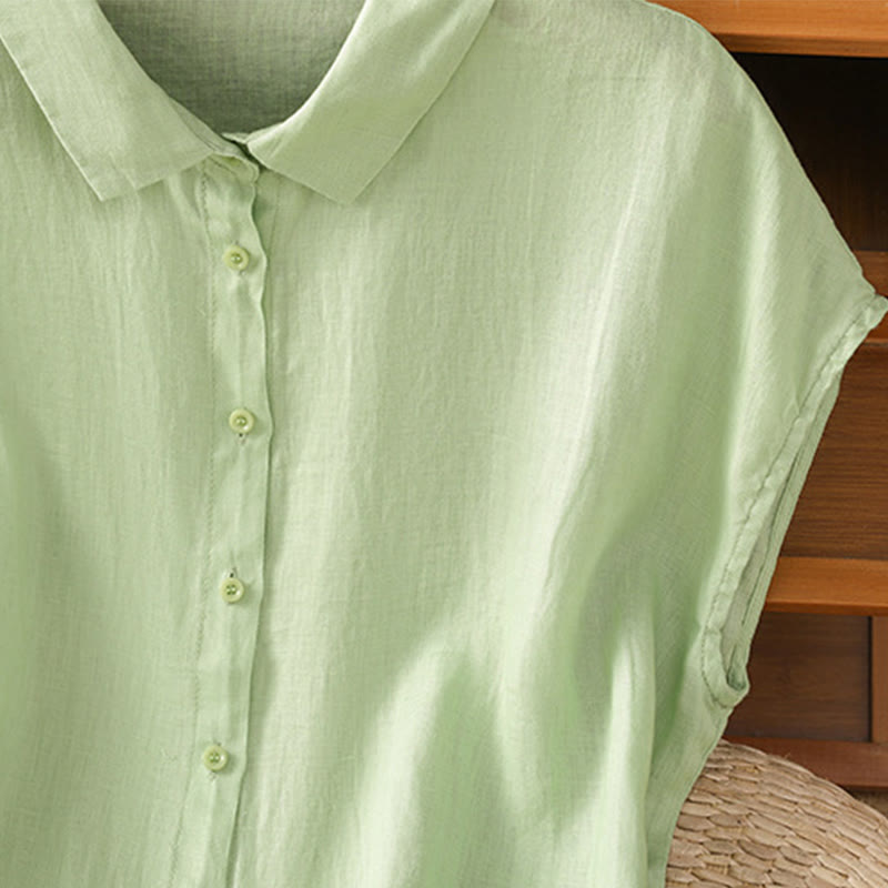 Buddha Stones Summer Plain Color Button Short Sleeve Women's Cotton Shirt - image 18