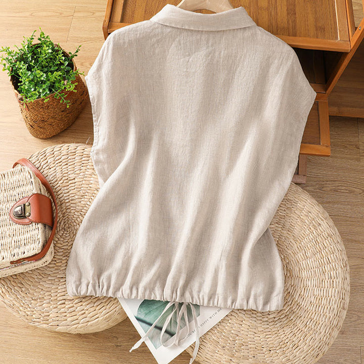 Buddha Stones Summer Plain Color Button Short Sleeve Women's Cotton Shirt - image 24