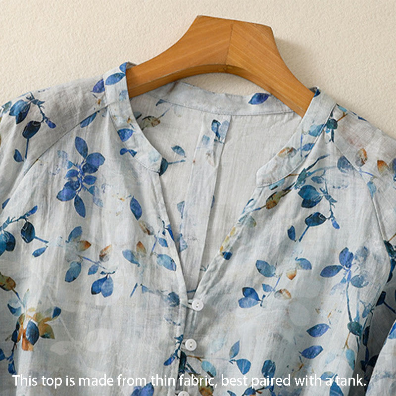 Buddha Stones Blue Floral V-Neck Three Quarter Sleeve Women's Cotton Shirt - image 5