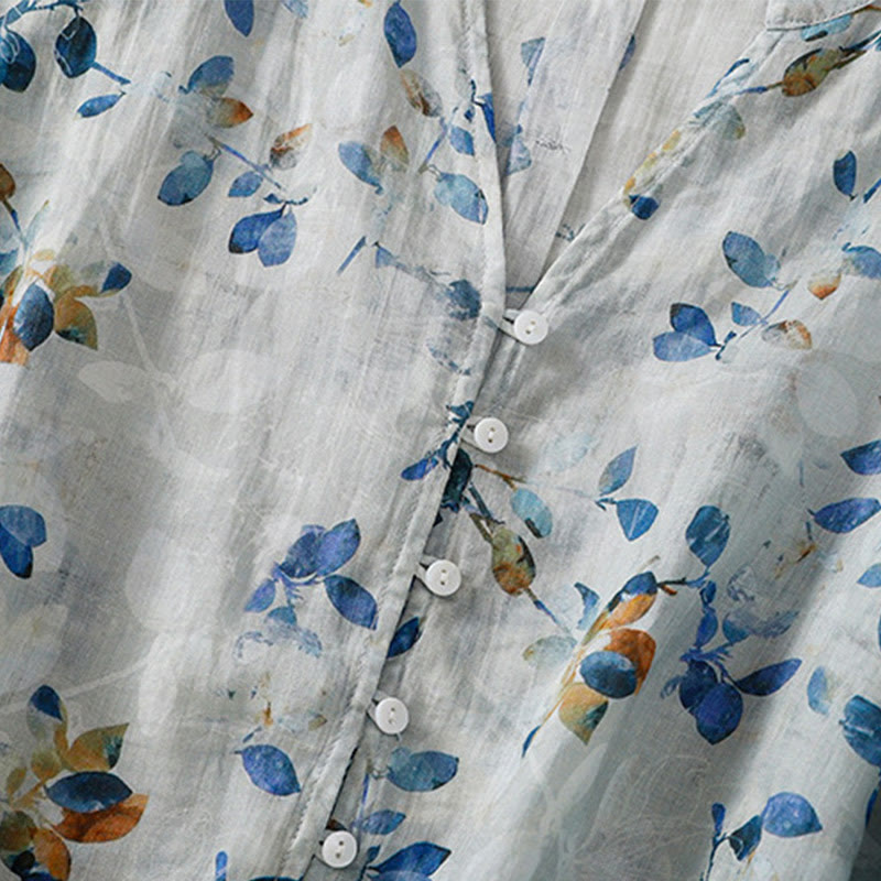 Buddha Stones Blue Floral V-Neck Three Quarter Sleeve Women's Cotton Shirt - image 9