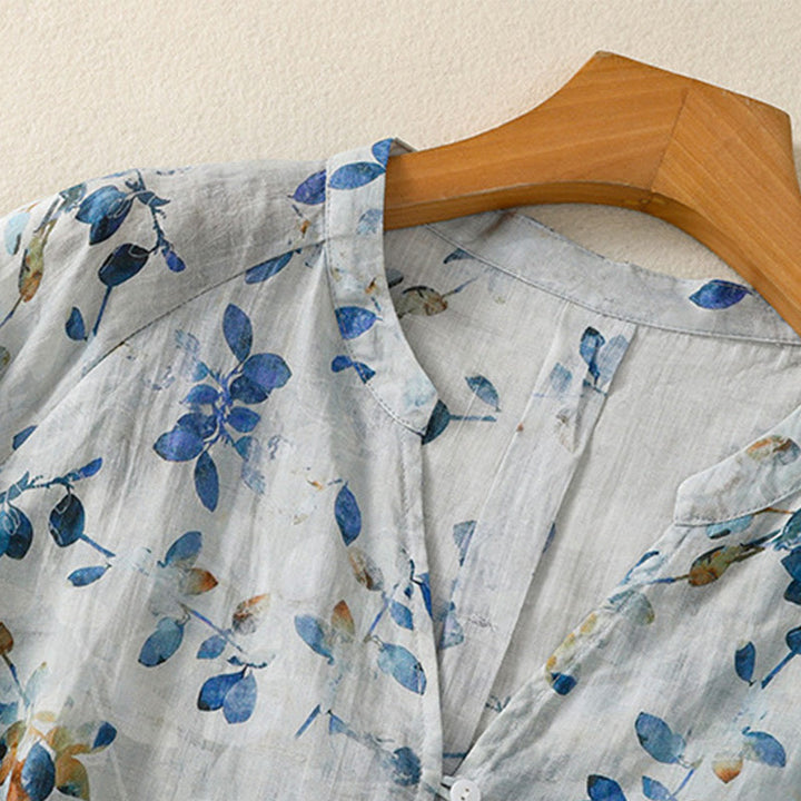 Buddha Stones Blue Floral V-Neck Three Quarter Sleeve Women's Cotton Shirt - image 7