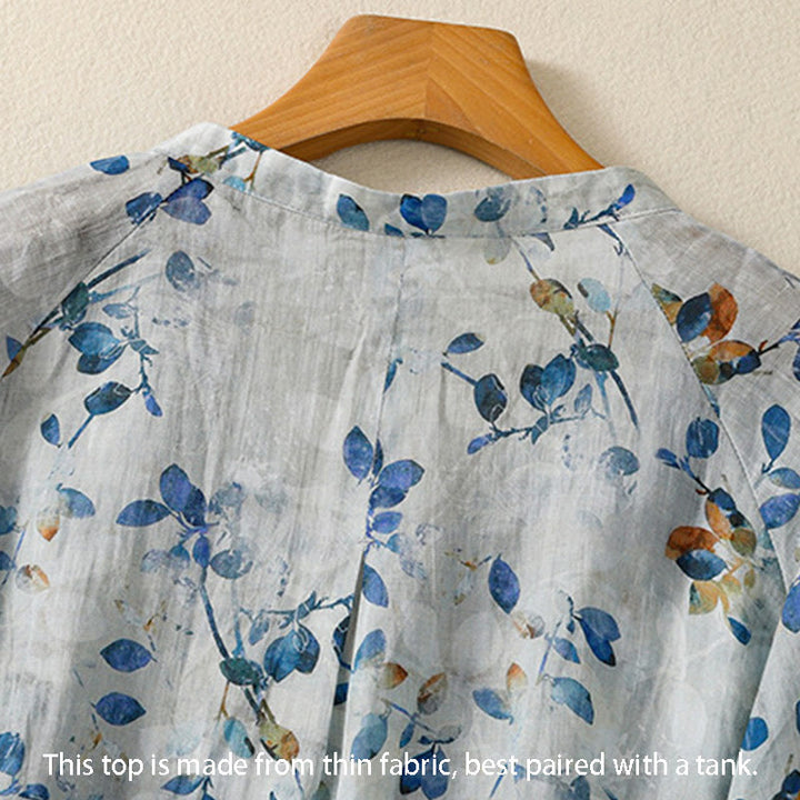 Buddha Stones Blue Floral V-Neck Three Quarter Sleeve Women's Cotton Shirt - image 6