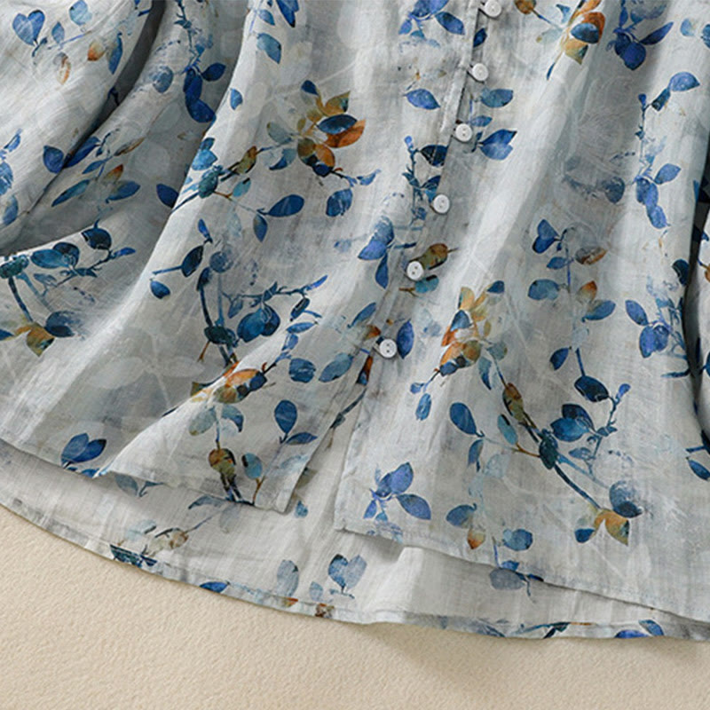 Buddha Stones Blue Floral V-Neck Three Quarter Sleeve Women's Cotton Shirt - image 13