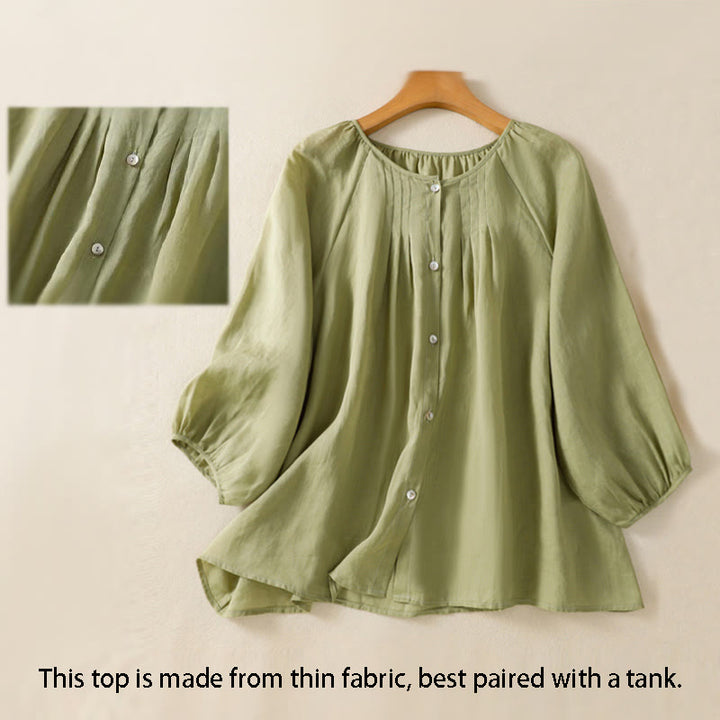 Buddha Stones Plain Button Crew Neck Three Quarter Sleeve Women's Cotton Shirt - image 4