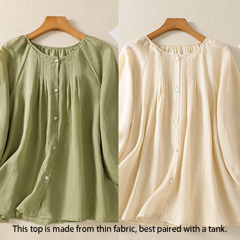 Buddha Stones Plain Button Crew Neck Three Quarter Sleeve Women's Cotton Shirt - image 24