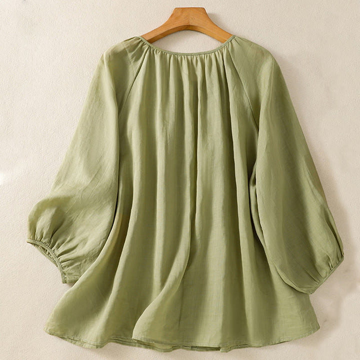 Buddha Stones Plain Button Crew Neck Three Quarter Sleeve Women's Cotton Shirt - image 3