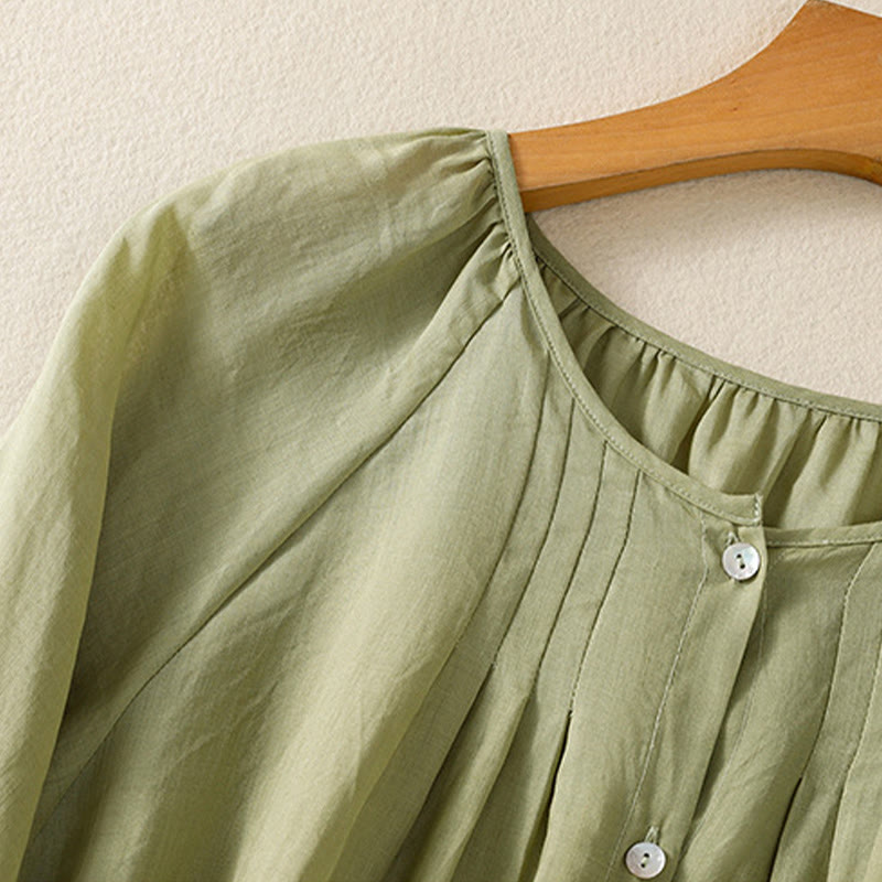 Buddha Stones Plain Button Crew Neck Three Quarter Sleeve Women's Cotton Shirt - image 5