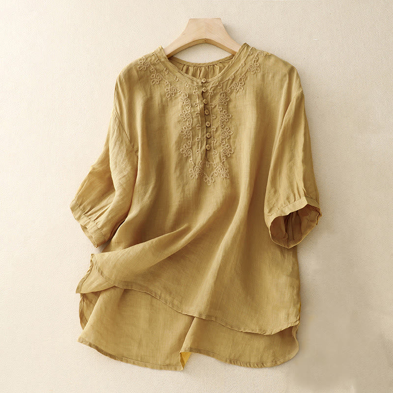 Buddha Stones Line Embroidery Button Crew Neck Half Sleeve Women's Cotton Shirt - Goldenrod - US14，UK/AU18，EU46 (2XL) - image 17