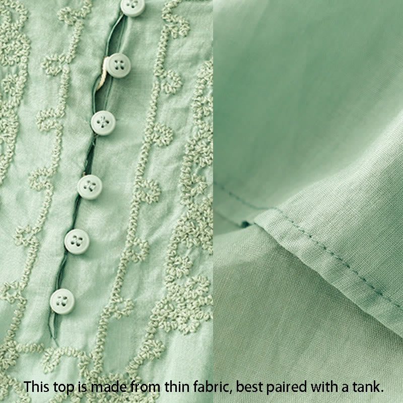 Buddha Stones Line Embroidery Button Crew Neck Half Sleeve Women's Cotton Shirt - image 4