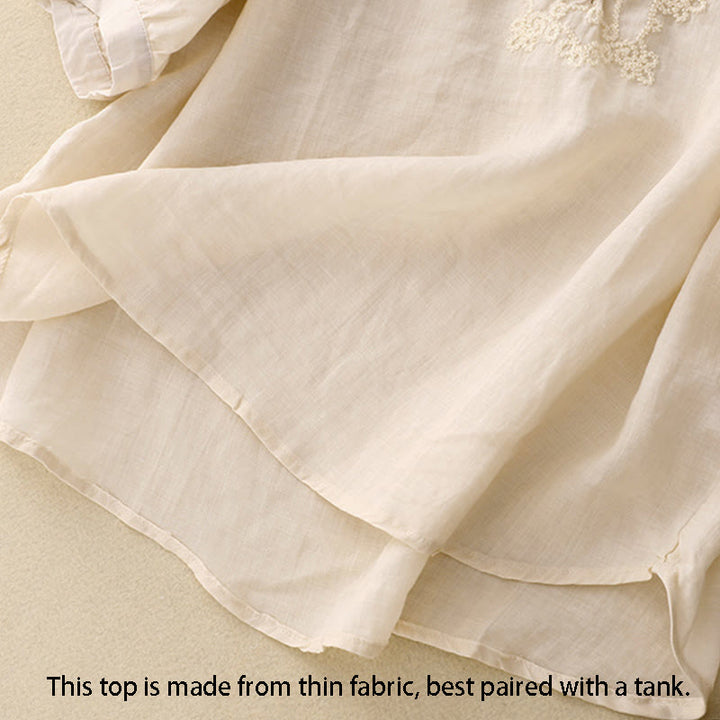 Buddha Stones Line Embroidery Button Crew Neck Half Sleeve Women's Cotton Shirt - image 9