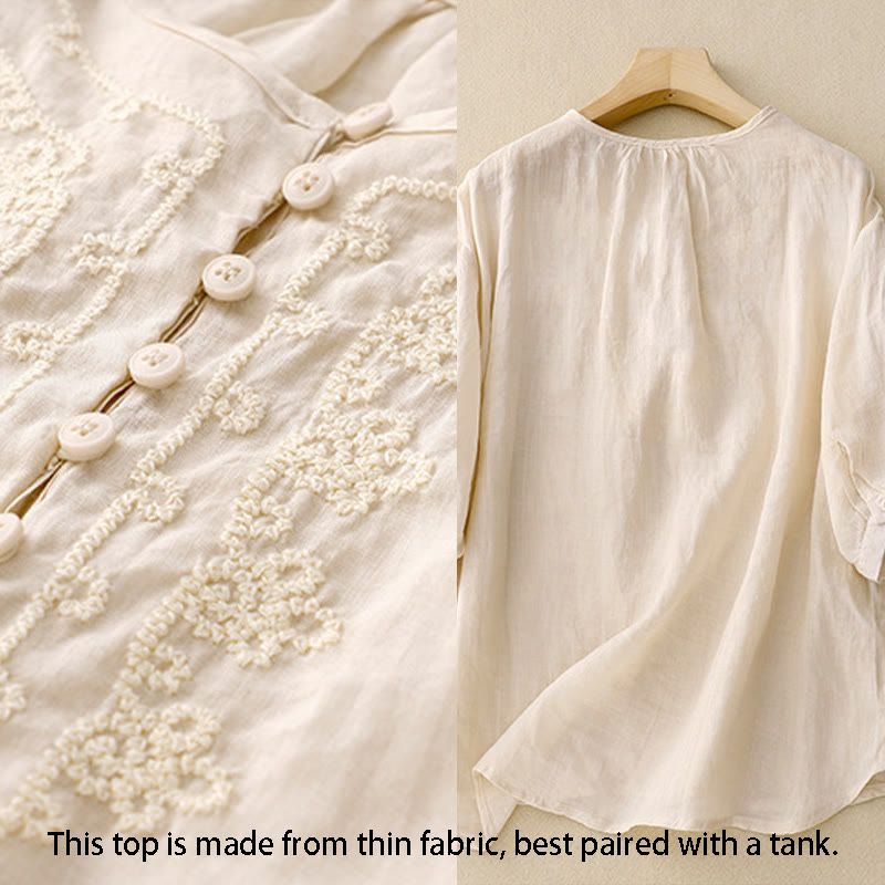 Buddha Stones Line Embroidery Button Crew Neck Half Sleeve Women's Cotton Shirt - image 10