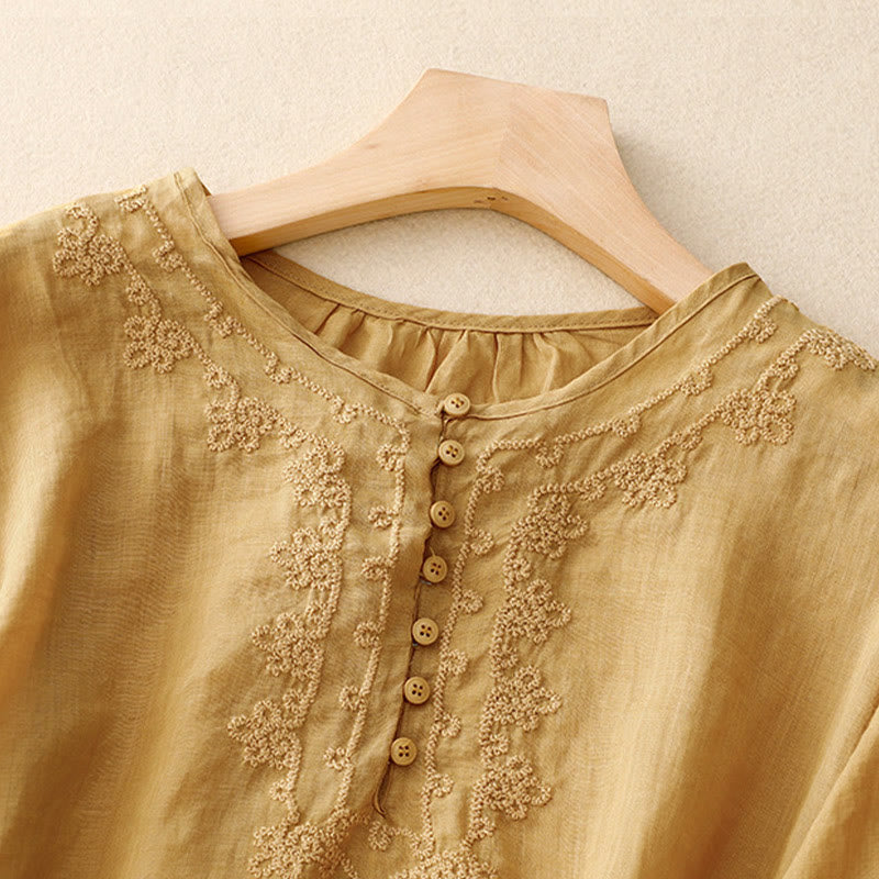 Buddha Stones Line Embroidery Button Crew Neck Half Sleeve Women's Cotton Shirt - image 20