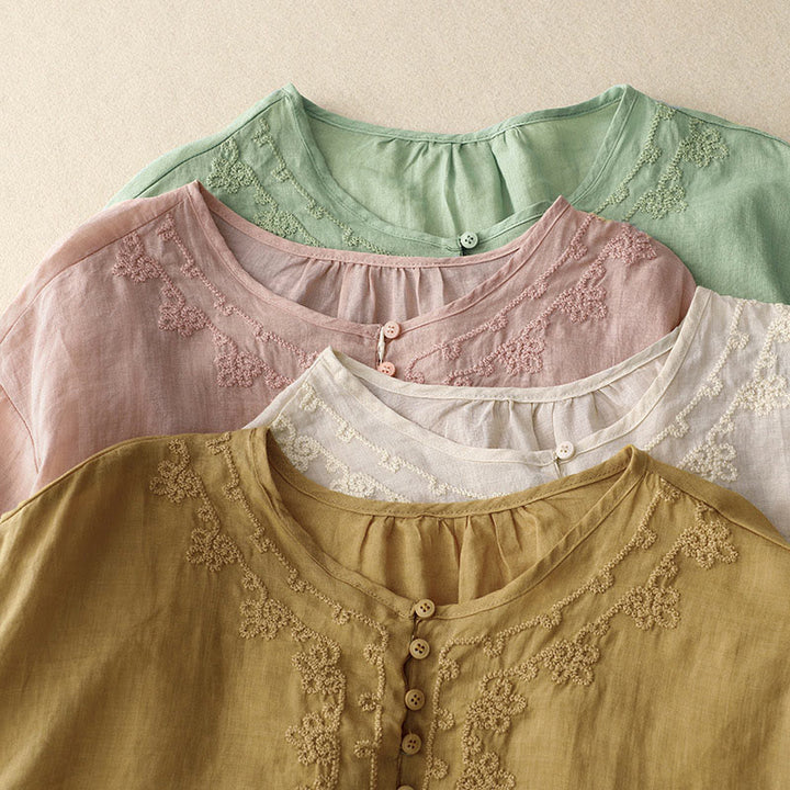 Buddha Stones Line Embroidery Button Crew Neck Half Sleeve Women's Cotton Shirt - image 19