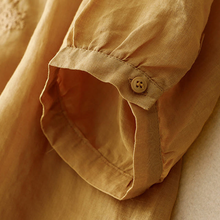 Buddha Stones Line Embroidery Button Crew Neck Half Sleeve Women's Cotton Shirt - image 22