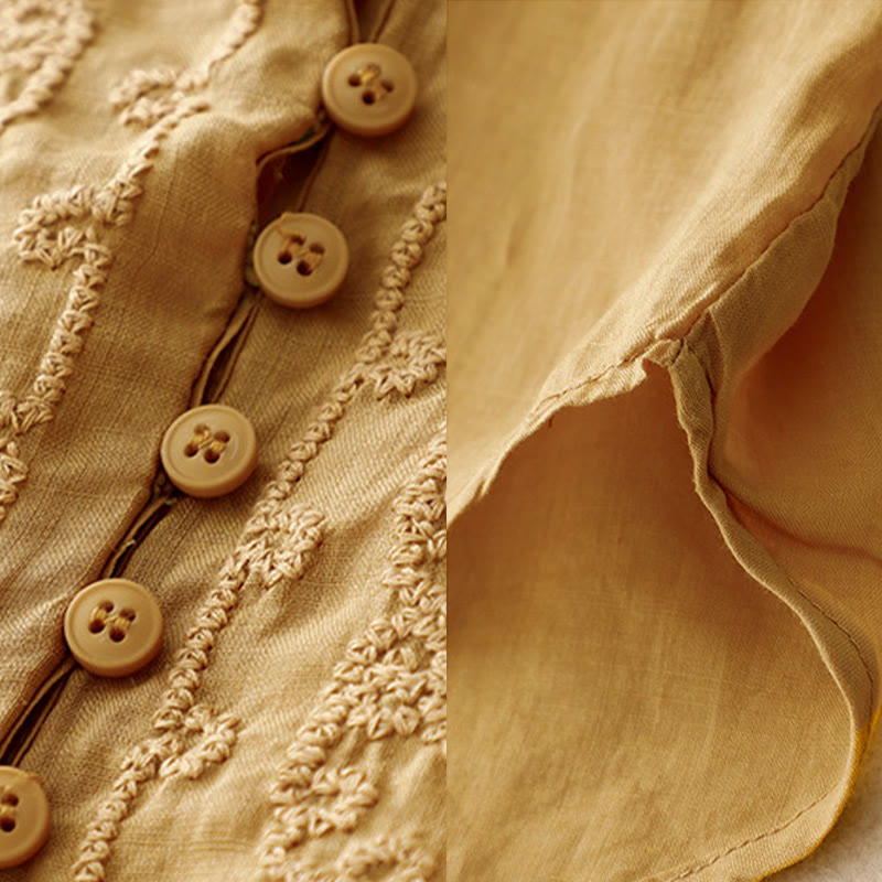 Buddha Stones Line Embroidery Button Crew Neck Half Sleeve Women's Cotton Shirt - image 21