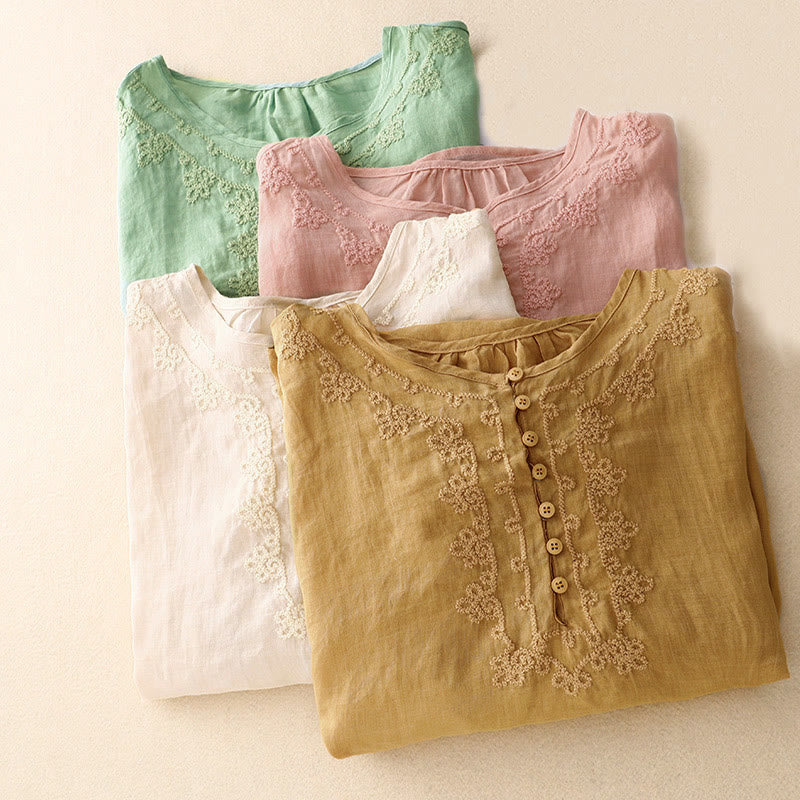 Buddha Stones Line Embroidery Button Crew Neck Half Sleeve Women's Cotton Shirt - image 18