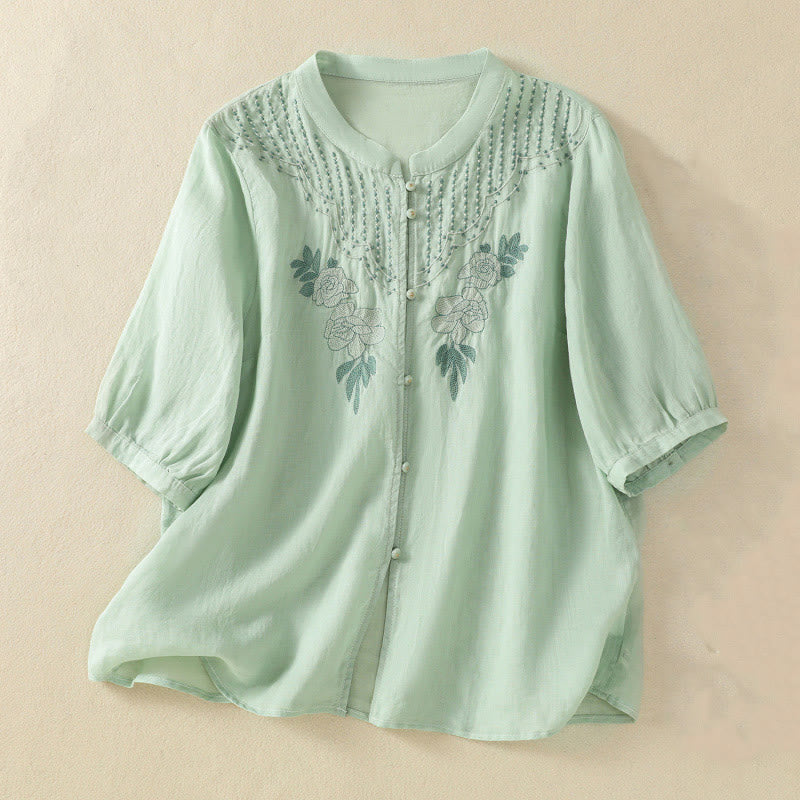 Buddha Stones Rose Floral Embroidery Button Half Sleeve Women's Cotton Shirt - Honeydew - US14，UK/AU18，EU46 (2XL) - image 0