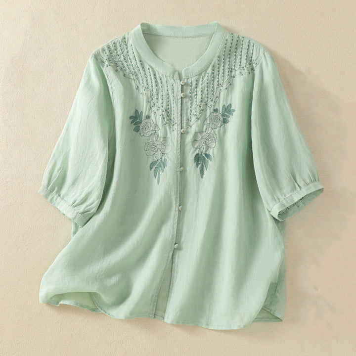 Buddha Stones Rose Floral Embroidery Button Half Sleeve Women's Cotton Shirt - Honeydew - US14，UK/AU18，EU46 (2XL) - image 0