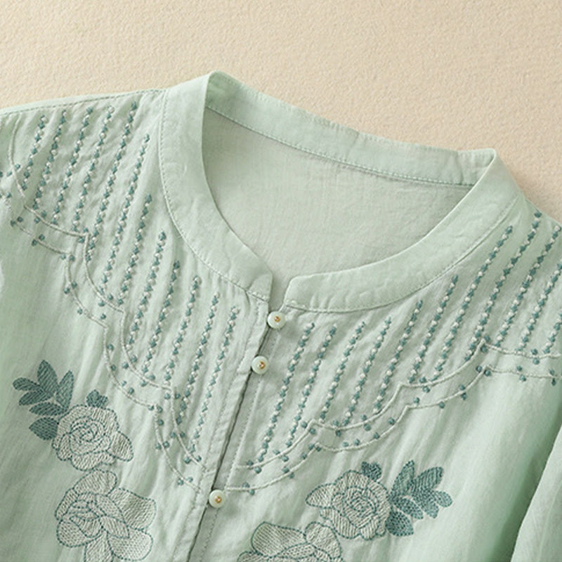 Buddha Stones Rose Floral Embroidery Button Half Sleeve Women's Cotton Shirt - image 6