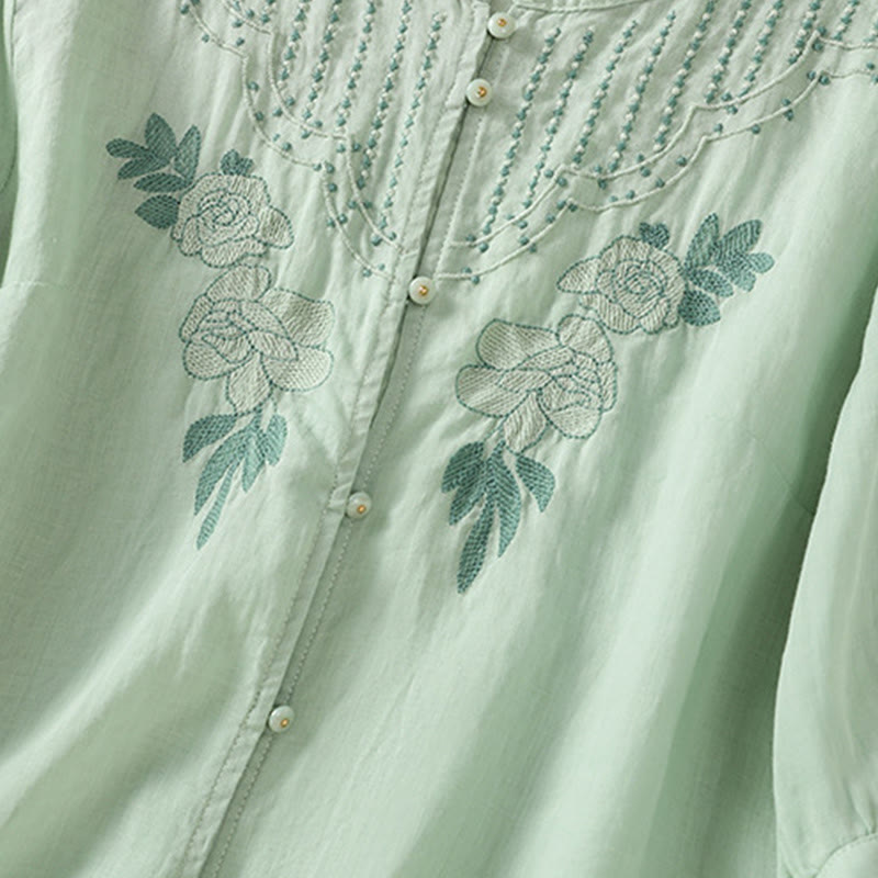 Buddha Stones Rose Floral Embroidery Button Half Sleeve Women's Cotton Shirt - image 7