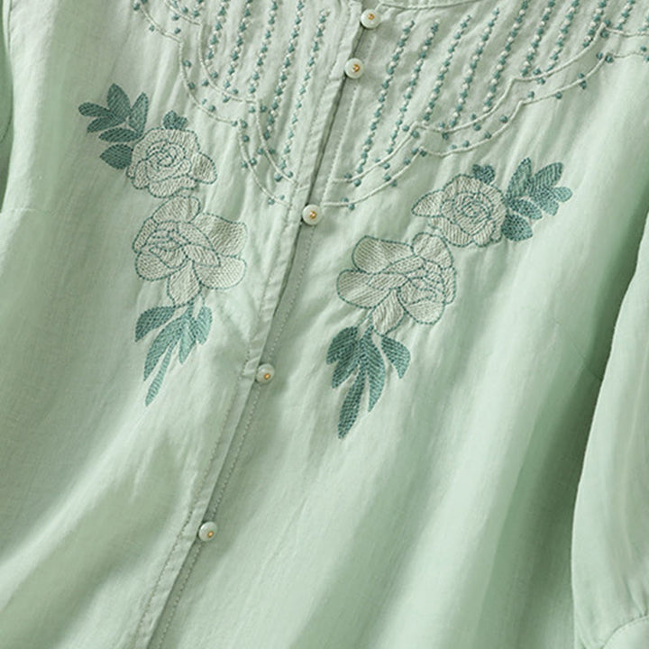 Buddha Stones Rose Floral Embroidery Button Half Sleeve Women's Cotton Shirt - image 7