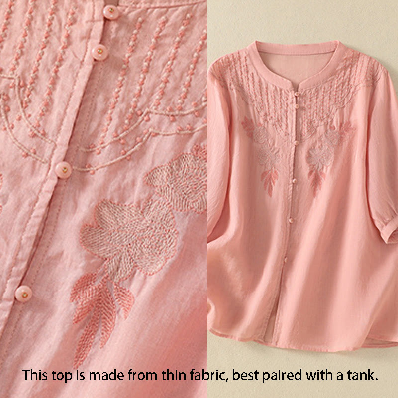 Buddha Stones Rose Floral Embroidery Button Half Sleeve Women's Cotton Shirt - image 13
