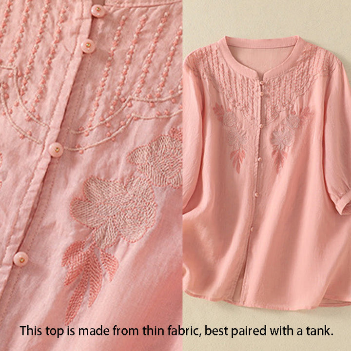 Buddha Stones Rose Floral Embroidery Button Half Sleeve Women's Cotton Shirt - image 13