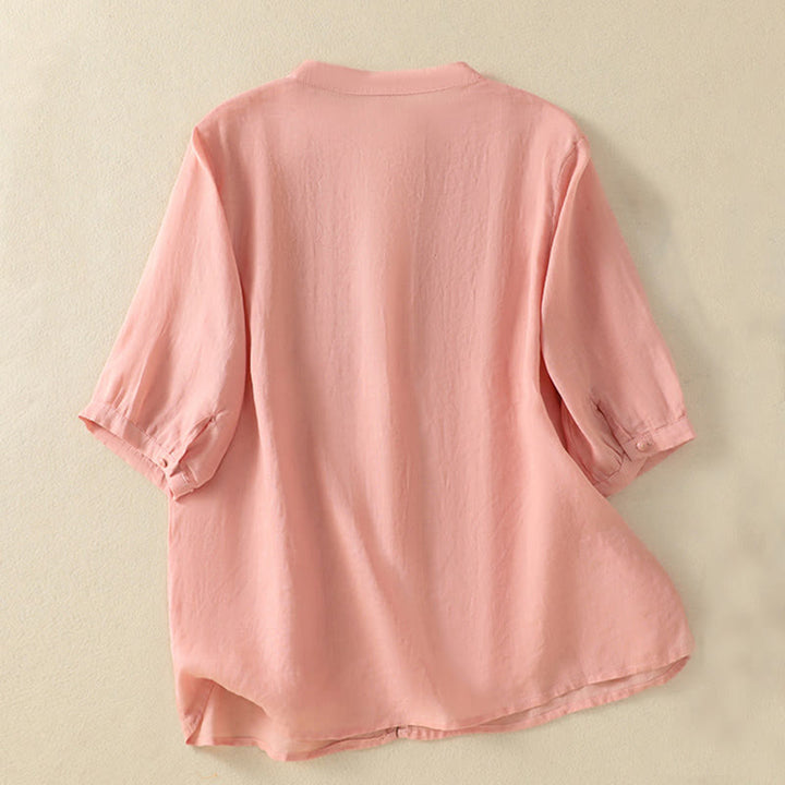 Buddha Stones Rose Floral Embroidery Button Half Sleeve Women's Cotton Shirt - image 12