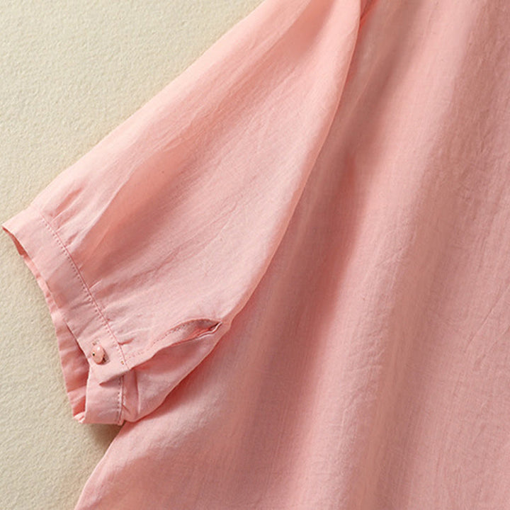 Buddha Stones Rose Floral Embroidery Button Half Sleeve Women's Cotton Shirt - image 19