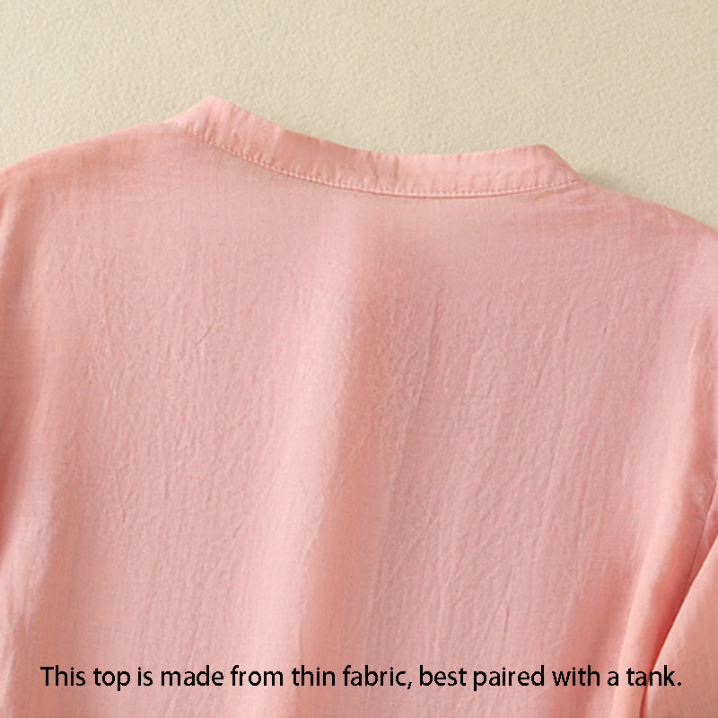 Buddha Stones Rose Floral Embroidery Button Half Sleeve Women's Cotton Shirt - image 15