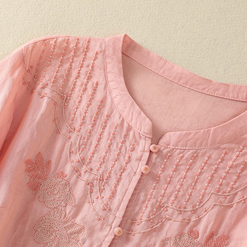 Buddha Stones Rose Floral Embroidery Button Half Sleeve Women's Cotton Shirt - image 16