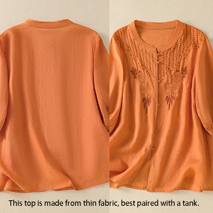 Buddha Stones Rose Floral Embroidery Button Half Sleeve Women's Cotton Shirt - image 25