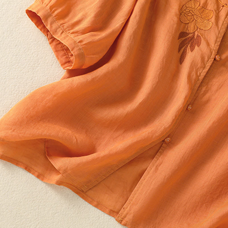 Buddha Stones Rose Floral Embroidery Button Half Sleeve Women's Cotton Shirt - image 31